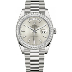Day Date 40 Silver Stripe Dial Automatic Men's 18kt White Gold Watch